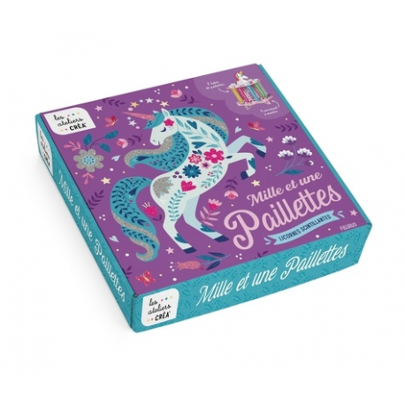 Mille et une paillettes- Licornes scintillantes - Coffret avec 7 tableaux à décorer- 1 stylet- 2 cartes prédécoupées- 7 tubes d