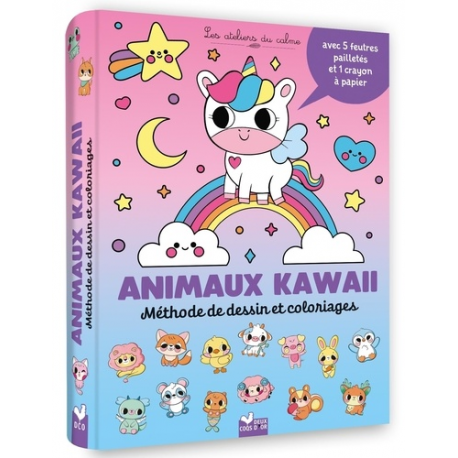 Animaux kawaii - pochette 5 feutres pailletés et 1 crayon à papier