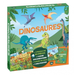 Dinosaures - Coffret avec 1 puzzle de 50 pièces- 1 livre documentaire- 1 livre de jeux et 1 joli poster