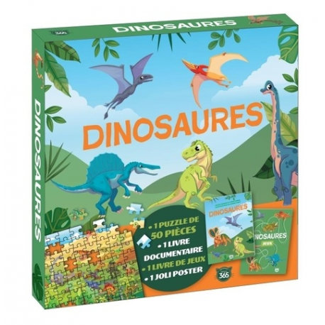 Dinosaures - Coffret avec 1 puzzle de 50 pièces- 1 livre documentaire- 1 livre de jeux et 1 joli poster
