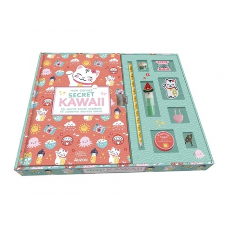 Mon carnet secret kawaii - Avec 1 surligneur-encreur- 1 cadenas- 1 écusson brodé- 1 crayon à papier- du masking tape- 1 perle c