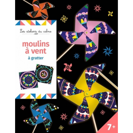 Moulins à vent à gratter - Avec 4 cartes à gratter- 4 tiges en bois- 1 stylet en bois- 4 attaches en plastique et 4 moulins à v