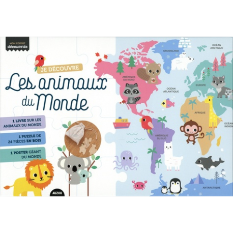 Je découvre les animaux du monde - Avec 1 puzzle de 20 pièces en bois, et 1 poster géant du monde, 1 petit sac