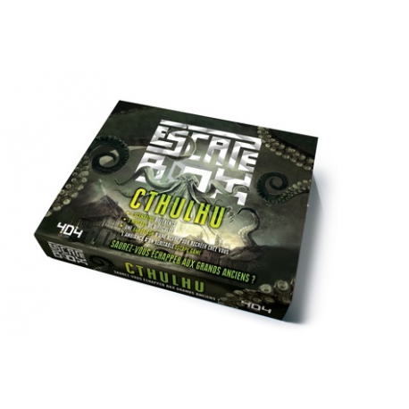 Escape box Cthulhu - Contient : 3 livrets, 131 cartes, 1 bande-son d'une heure, 1 poster, 6 badges