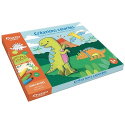 Créations colorées dinosaures - Avec 3 pochoirs- 6 papertoys à colorier- 6 décors- 5 feutres- du fil et plus de 100 stickers en
