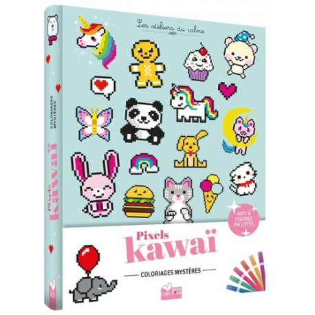 Coloriages Pixel kawaii - pochette 6 feutres pailletés